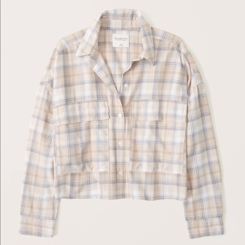 Abercrombie & Fitch Cropped Flannel Button-Up Shirt Cream Plaid Size Small NWT